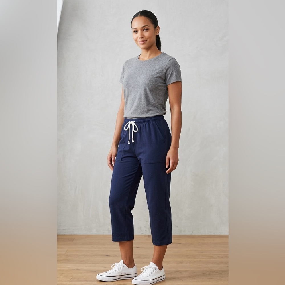 Navy Cotton Blend Cropped Straight Joggers